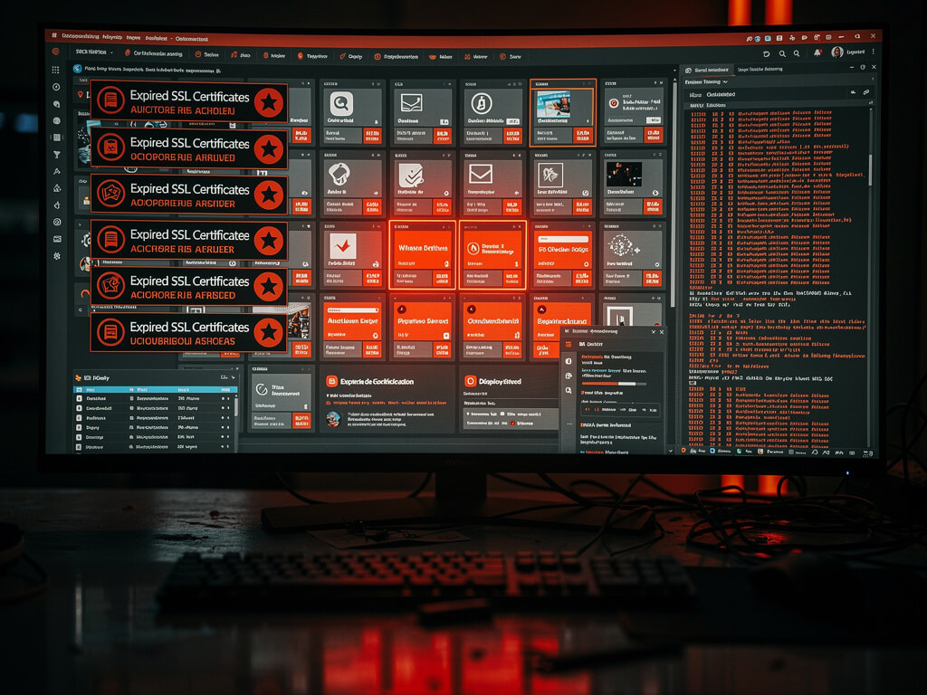 Cluttered dashboard showing dozens of abandoned repos, expired SSL warnings, and stale deploy logs glowing red in the dark