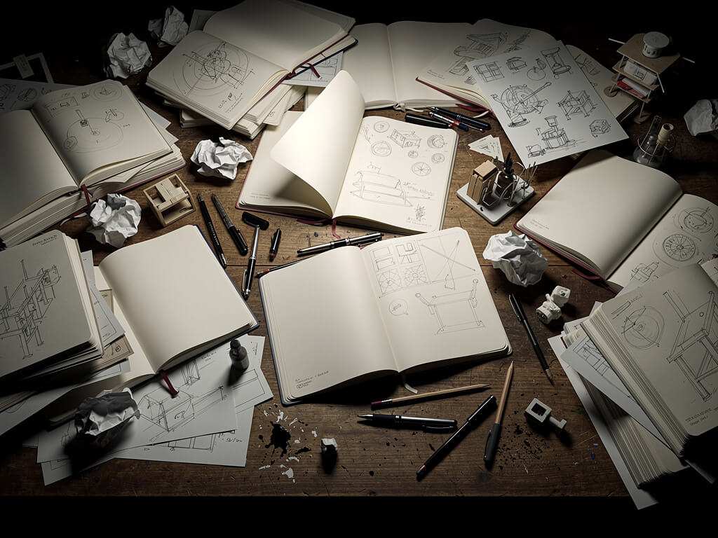 Desk covered in dozens of half-opened notebooks, each with only the first few pages filled in, scattered pens, crumpled sketches, abandoned prototypes everywhere, dark background, chaotic overhead view