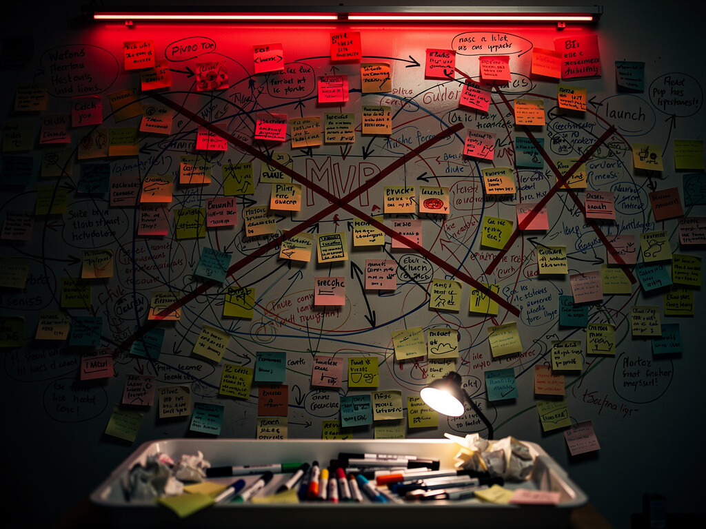 Chaotic wall covered in sticky notes, conflicting arrows, and crossed-out assumptions, dim red lighting, startup chaos