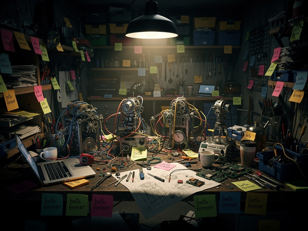 Chaotic workbench covered in half-assembled features and sticky notes reading beta forever, dark cluttered workshop with no exit door