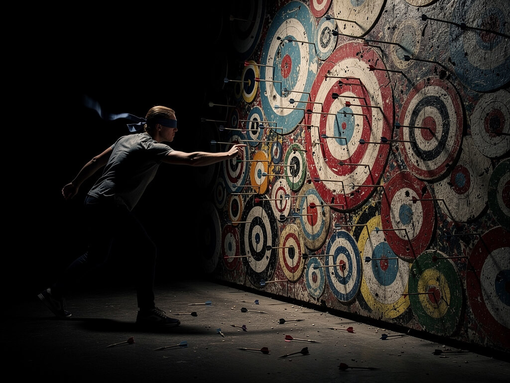 Person blindfolded throwing darts at a wall covered in random targets, some darts hitting nothing, chaotic and unguided, dark background, dramatic side lighting