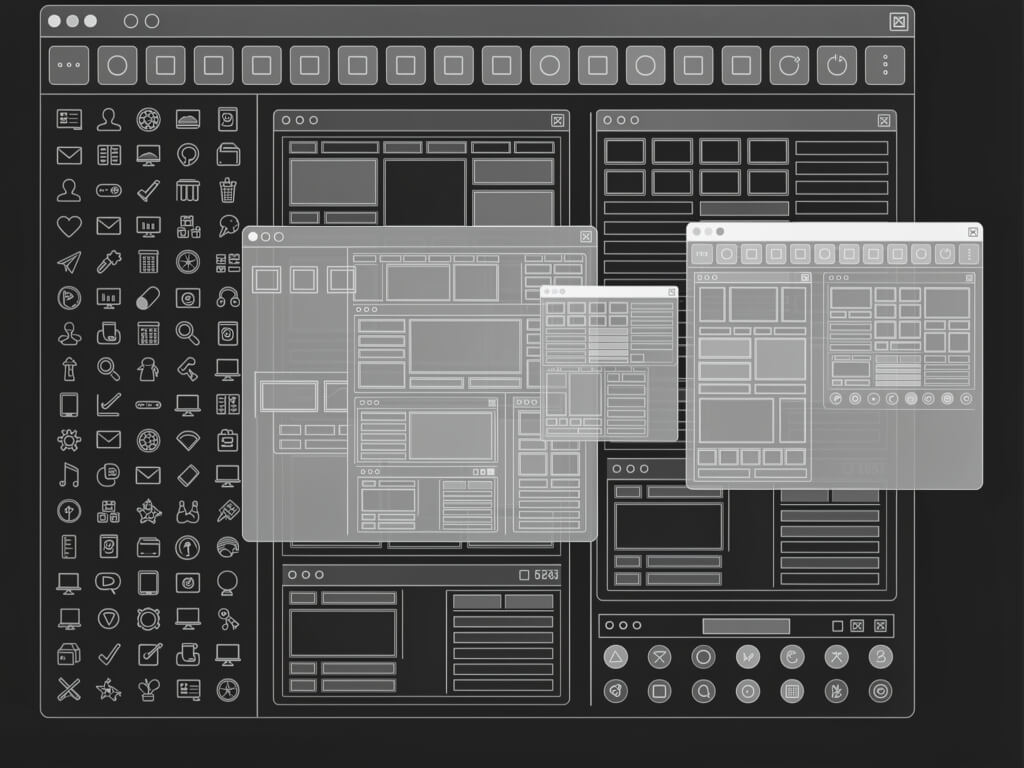 Overloaded bloated app wireframe, sidebar exploding with 30 icons in multiple groups, three overlapping modal windows, tabbed subpanels inside panels, toolbar crammed with 15 buttons, everything fighting for attention, dark background, chaotic cluttered layout, flat wireframe style, no text or labels