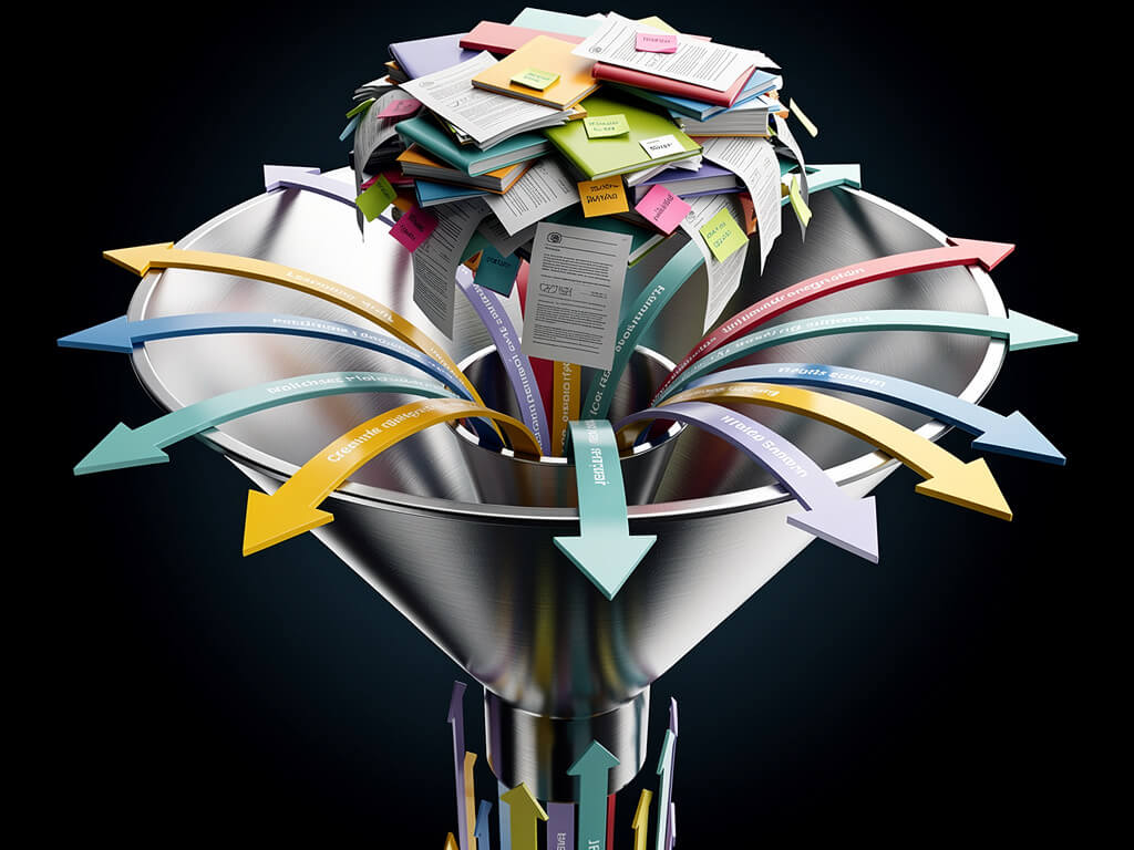 Massive funnel with dozens of arrows all converging into a single tiny bottleneck point, papers and tasks piling up above the narrow opening, dark background, dramatic top-down lighting, conceptual illustration