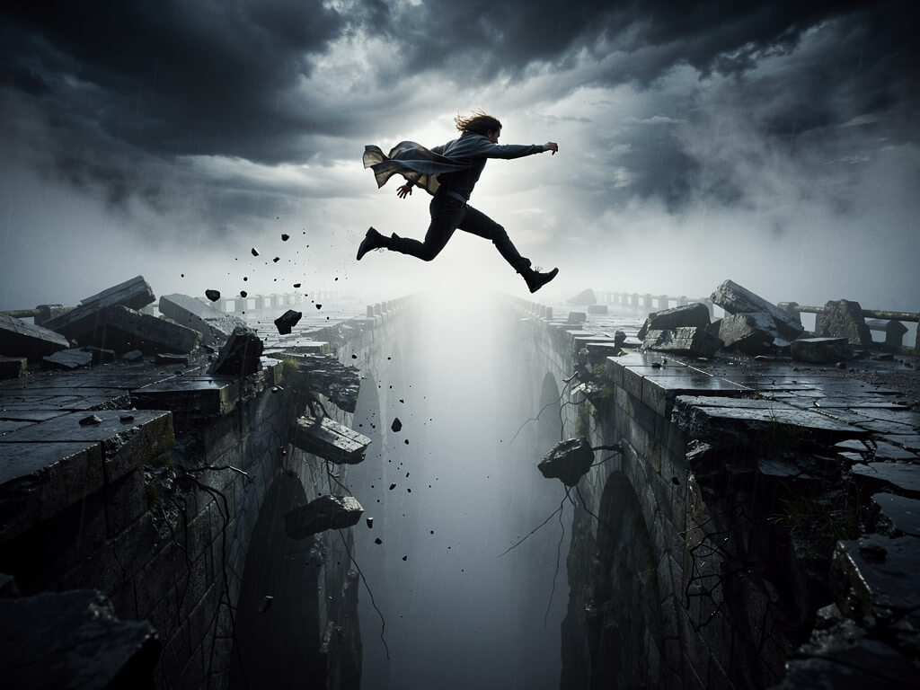 Person mid-leap over a wide gap in a crumbling stone bridge, far side barely visible in fog, dramatic perspective from below, dark stormy sky, cinematic lighting