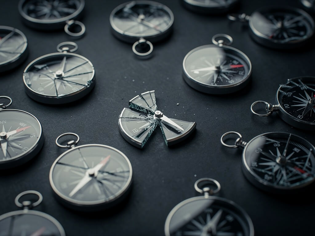 Scattered broken compasses on a dark surface pointing in different directions, chaotic unfocused effort with no clear signal