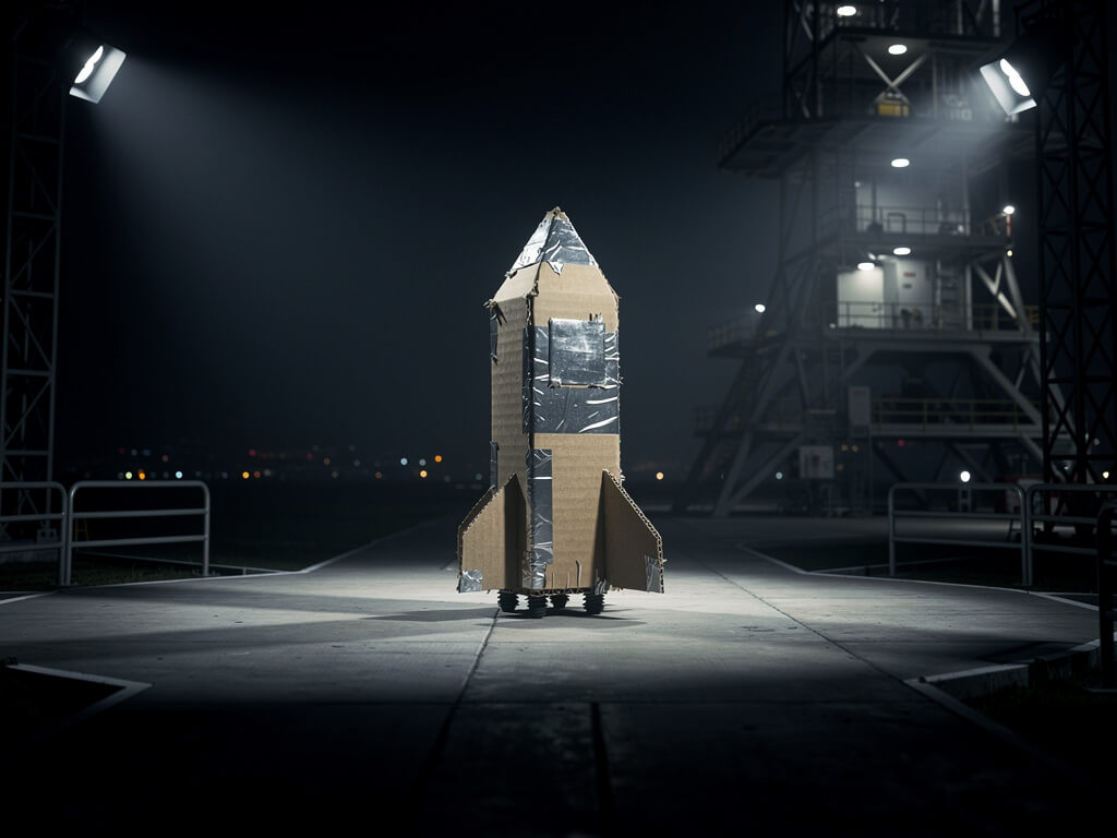 Minimalist rocket made of cardboard and tape on a real launch pad, scrappy MVP launch metaphor, dark
