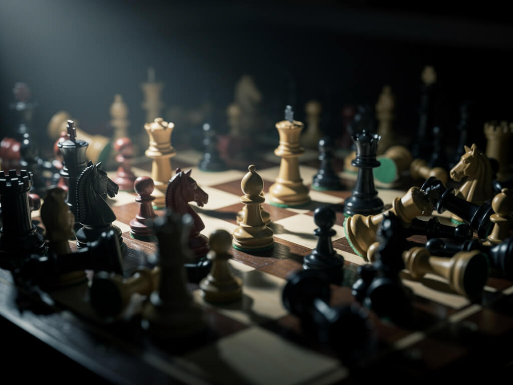 Messy chess board with dozens of mismatched pieces crowding each square, some pieces knocked over, dark moody lighting, overhead view, shallow depth of field