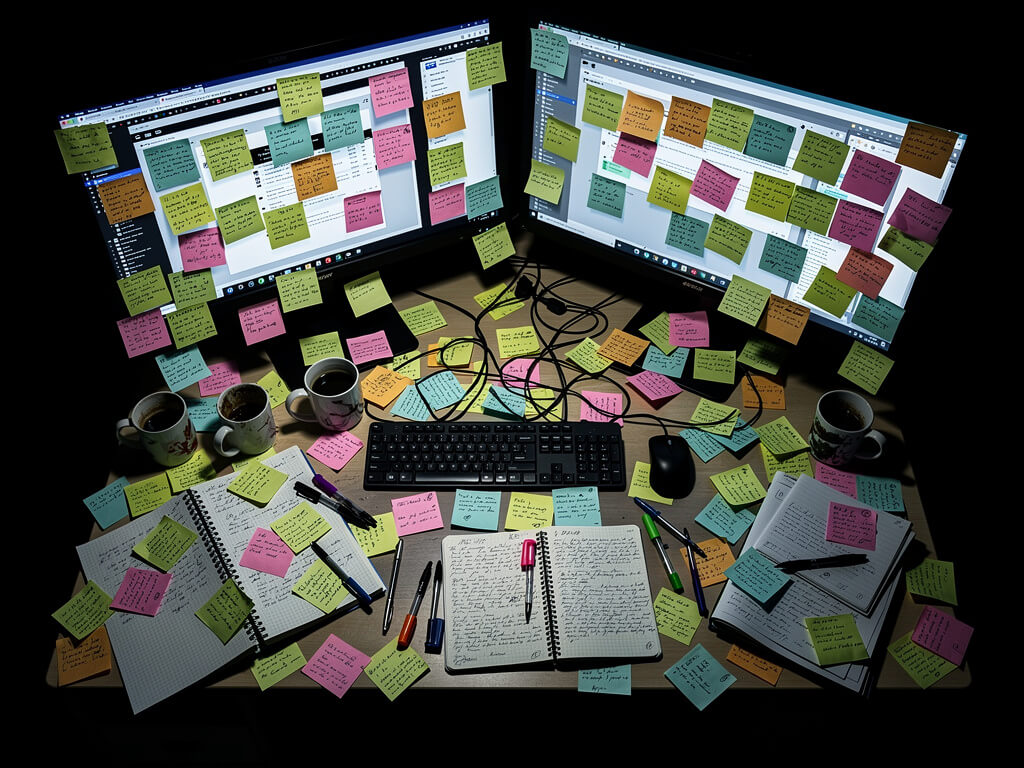 Chaotic cluttered desk covered in sticky notes, open tabs on multiple screens, coffee cups, scattered notebooks and pens, overwhelming mess of busywork, dark background, overhead view, harsh fluorescent lighting