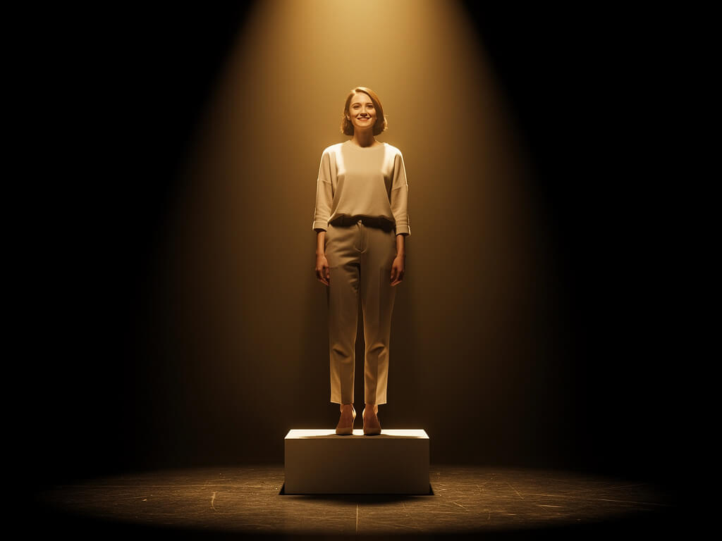 Confident person standing tall on a podium under a warm spotlight, clean minimal stage, calm assured posture, dark background, studio lighting, inspirational atmosphere