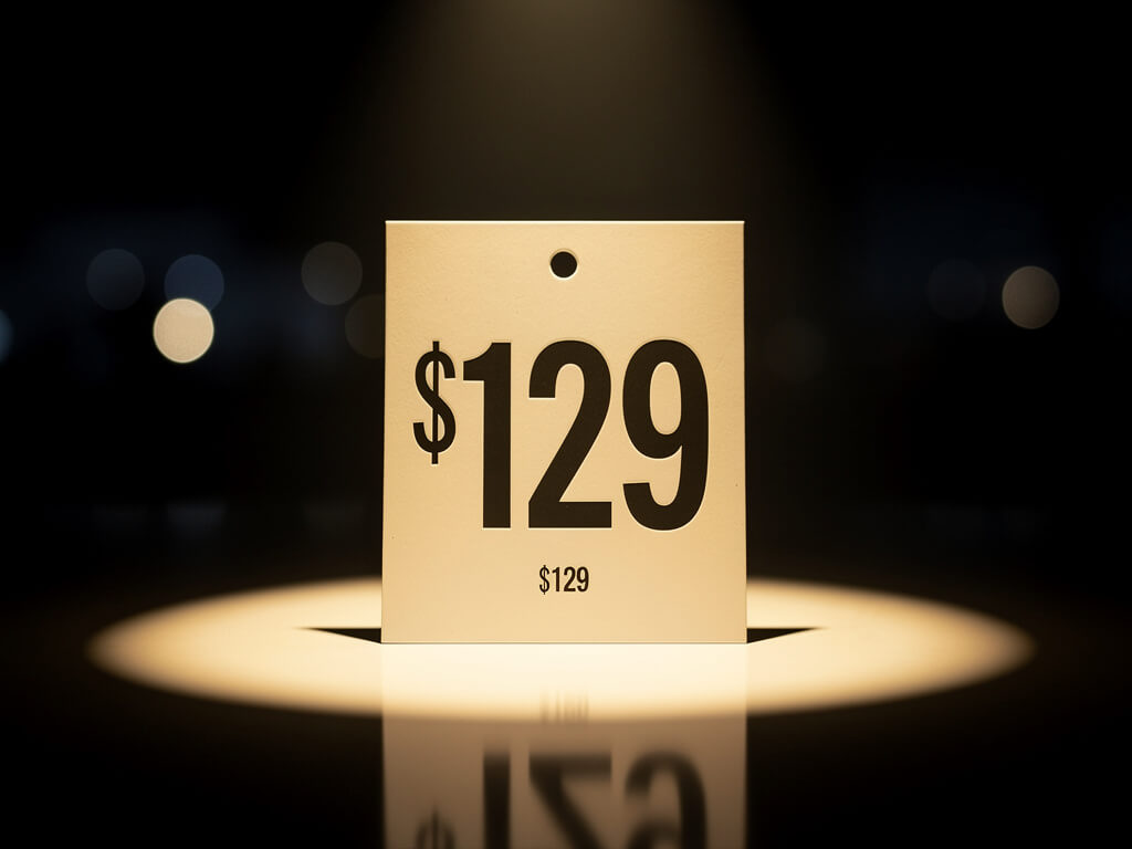 Confident price tag showing a bold number under warm spotlight, clean and decisive, dark luxury background