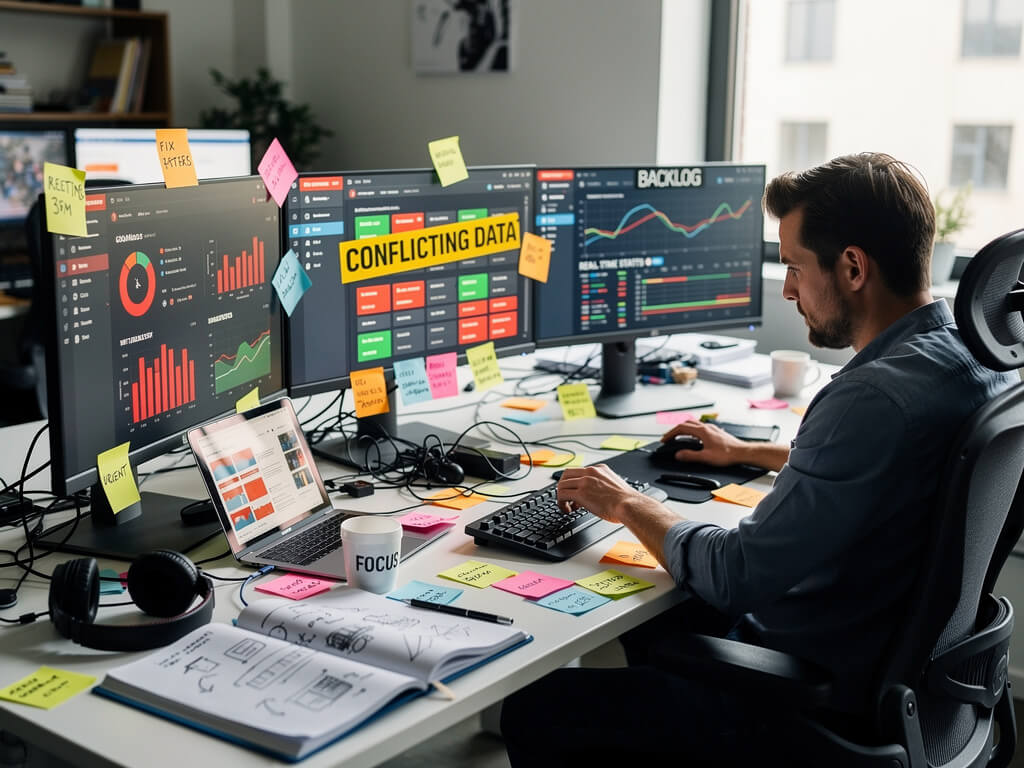 Chaotic desk with multiple screens showing conflicting dashboards, sticky notes everywhere, builder frozen mid-decision