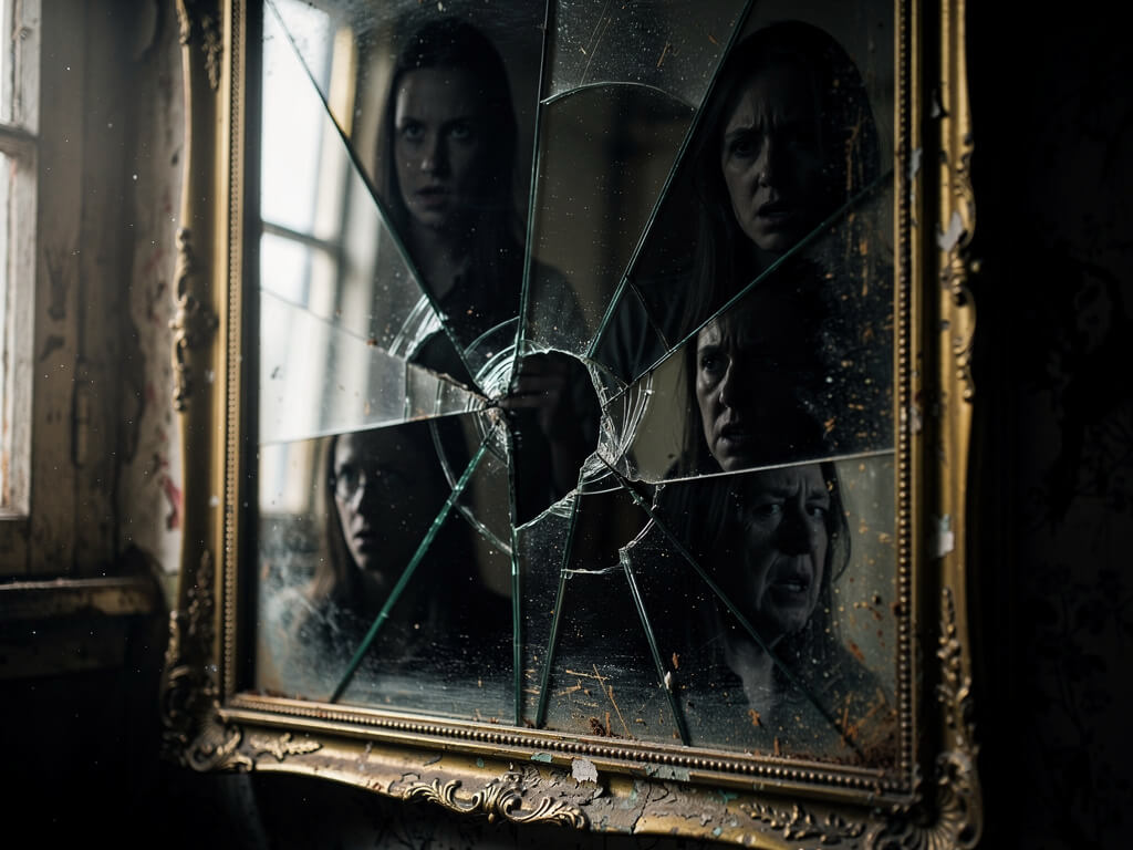Cracked vintage mirror reflecting a distorted shadowy silhouette, fragments showing different uncertain expressions, dark moody room, dramatic side lighting, shallow depth of field