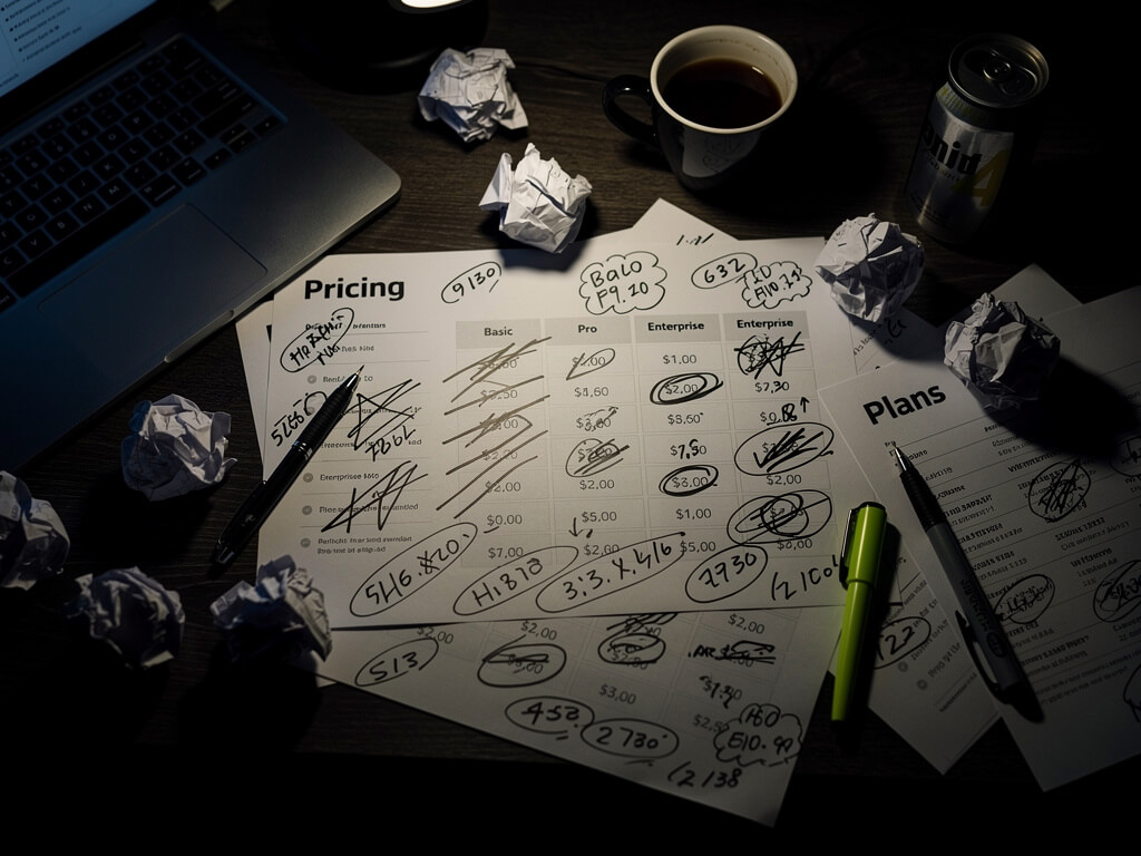 Crumpled pricing pages scattered on a dark desk, numbers crossed out and rewritten obsessively, anxious founder energy