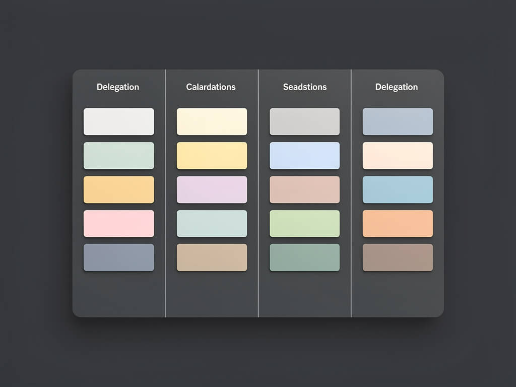 Clean organized delegation board with clear columns and neatly assigned cards, each card a different color, calm and structured, dark background, overhead view, soft studio lighting