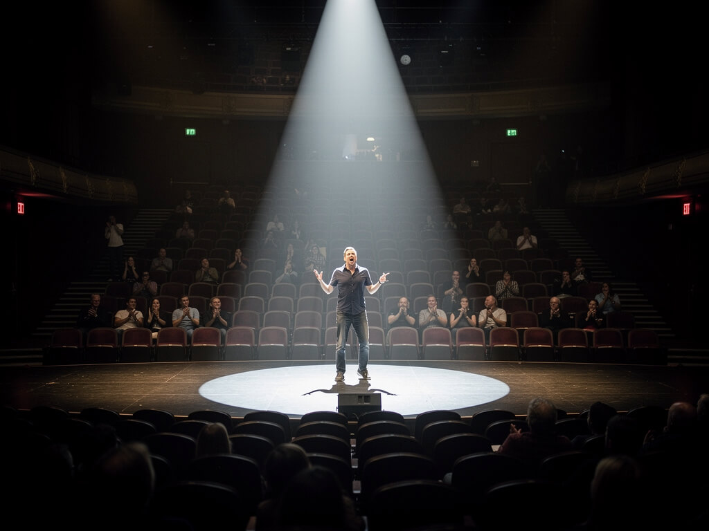 Person on a stage presenting enthusiastically to an audience of empty chairs with a few people politely clapping, dark theater, spotlight on speaker, wide angle