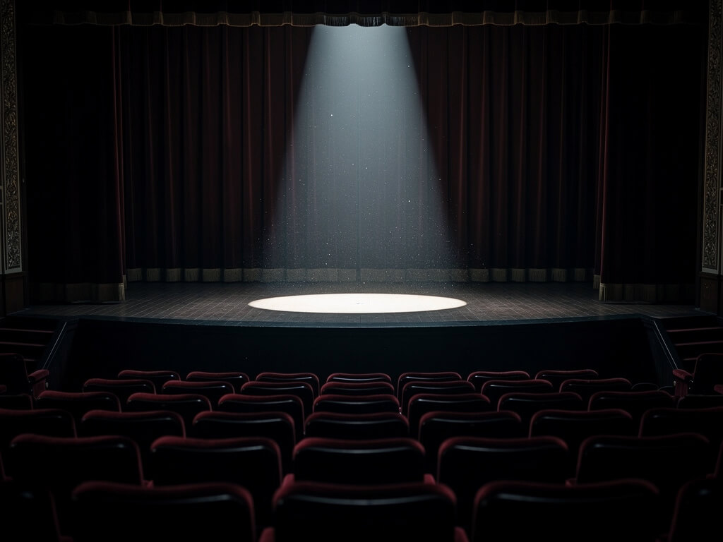 Empty theater with a spotlight on an empty stage, no audience metaphor, dark moody atmosphere