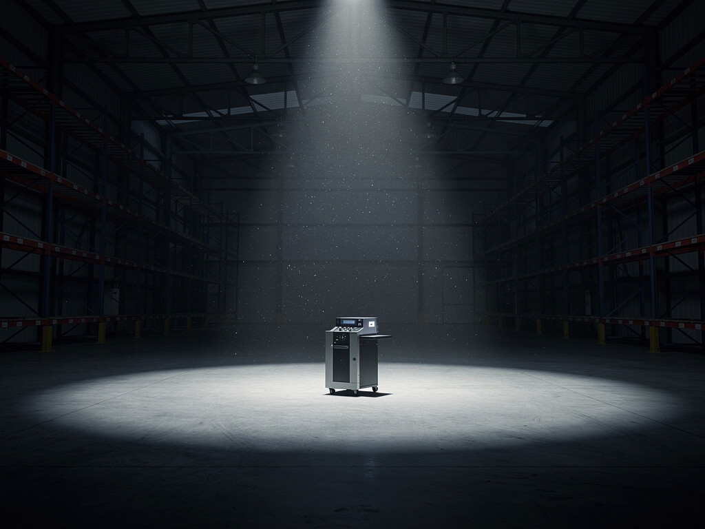 Beautiful product sitting alone in a dark empty warehouse, no distribution channels metaphor