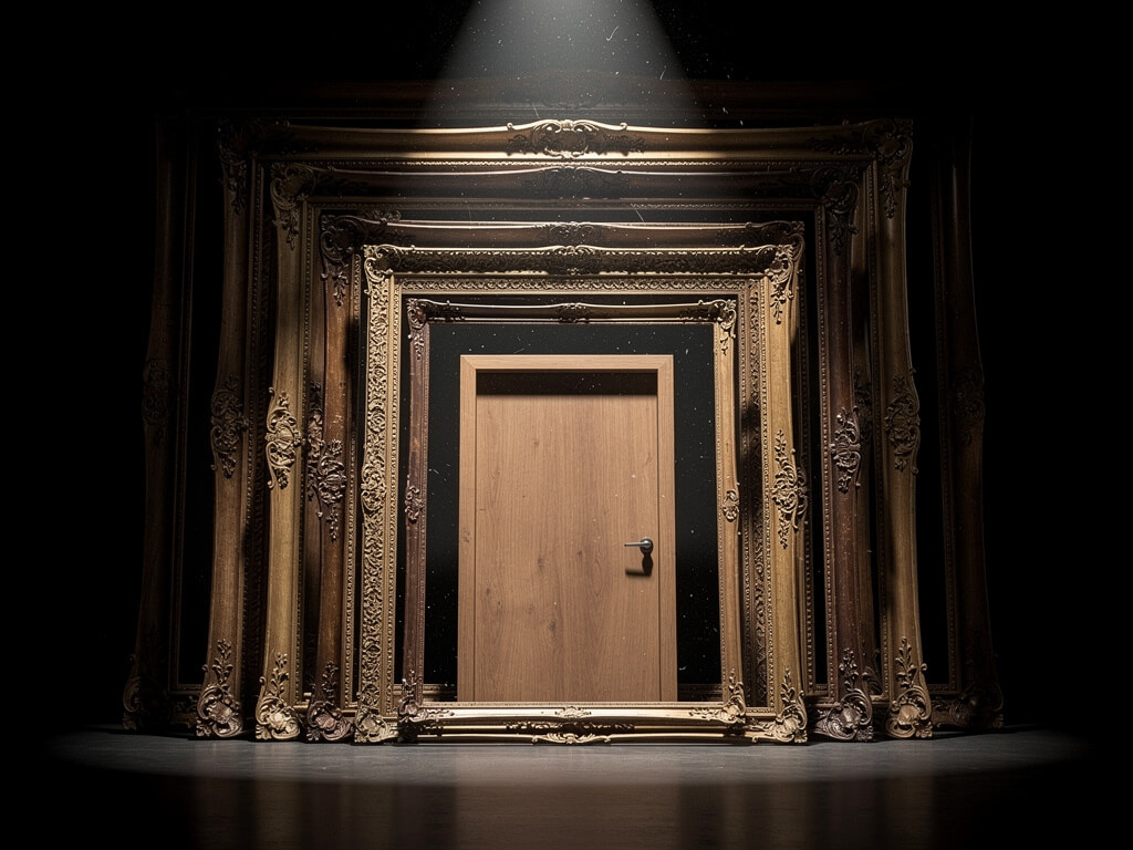Simple wooden doorframe with dozens of progressively larger ornate frames layered around it expanding outward, dark room, dramatic spotlight from above, forced perspective