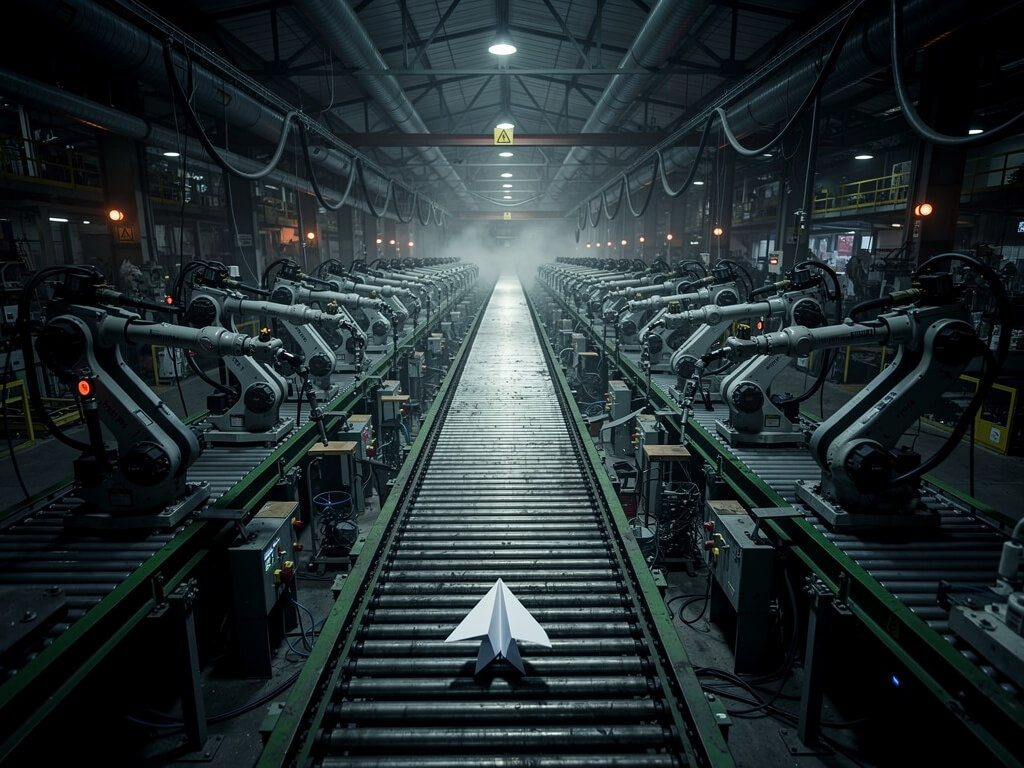 Massive industrial factory assembly line with robotic arms, conveyor belts, and heavy machinery all converging to produce a single tiny paper airplane at the end, dark moody atmosphere, wide angle shot