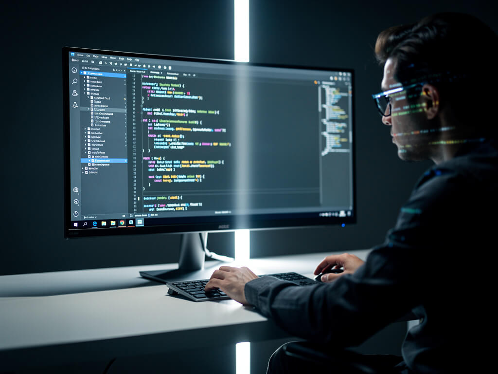 Focused builder at a clean desk with a single bright monitor, sharp code on screen, one clear direction forward