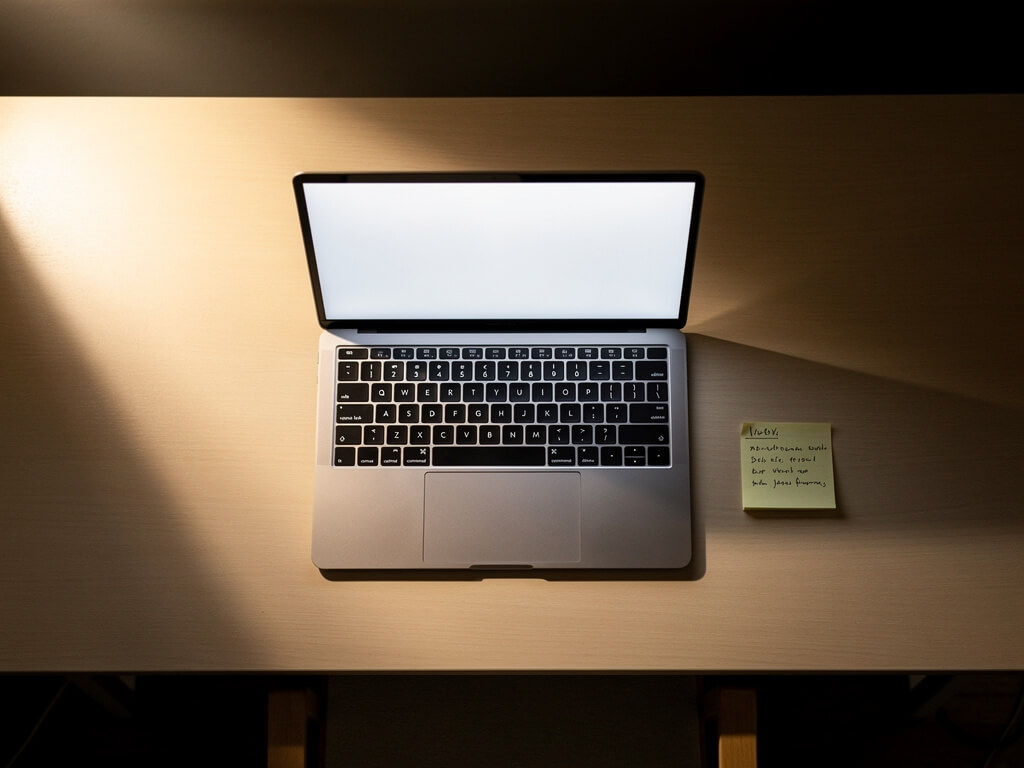 Clean minimal desk with a single open laptop and one sticky note, calm focused workspace, warm natural light, dark background, top-down view, everything in order