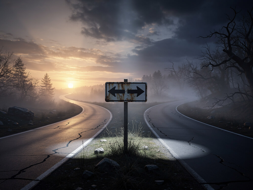 Fork in a dark road with one path leading to light and the other to darkness, decision crossroads