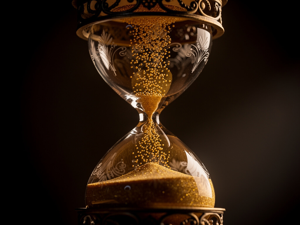 Ornate hourglass with sand frozen mid-fall suspended in time, golden grains hanging motionless in the air, dark background, dramatic macro photography, warm side lighting
