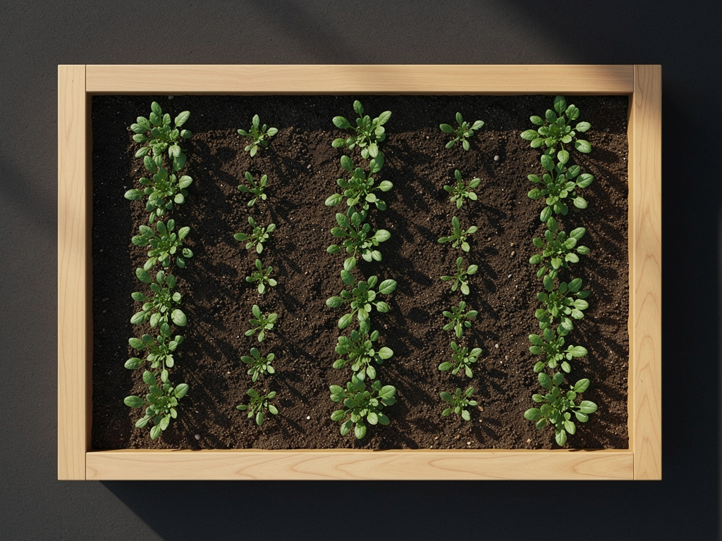 Neat raised garden bed with clean wooden borders, three orderly rows of small green plants, raked soil, dark background, calm and contained, overhead view, soft natural lighting