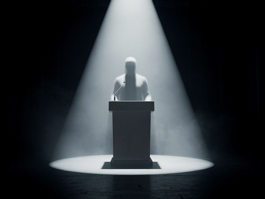 Same podium but the person is a translucent ghostly shadow barely visible, spotlight shining through them onto empty floor, haunting and hollow, dark background, eerie atmospheric lighting