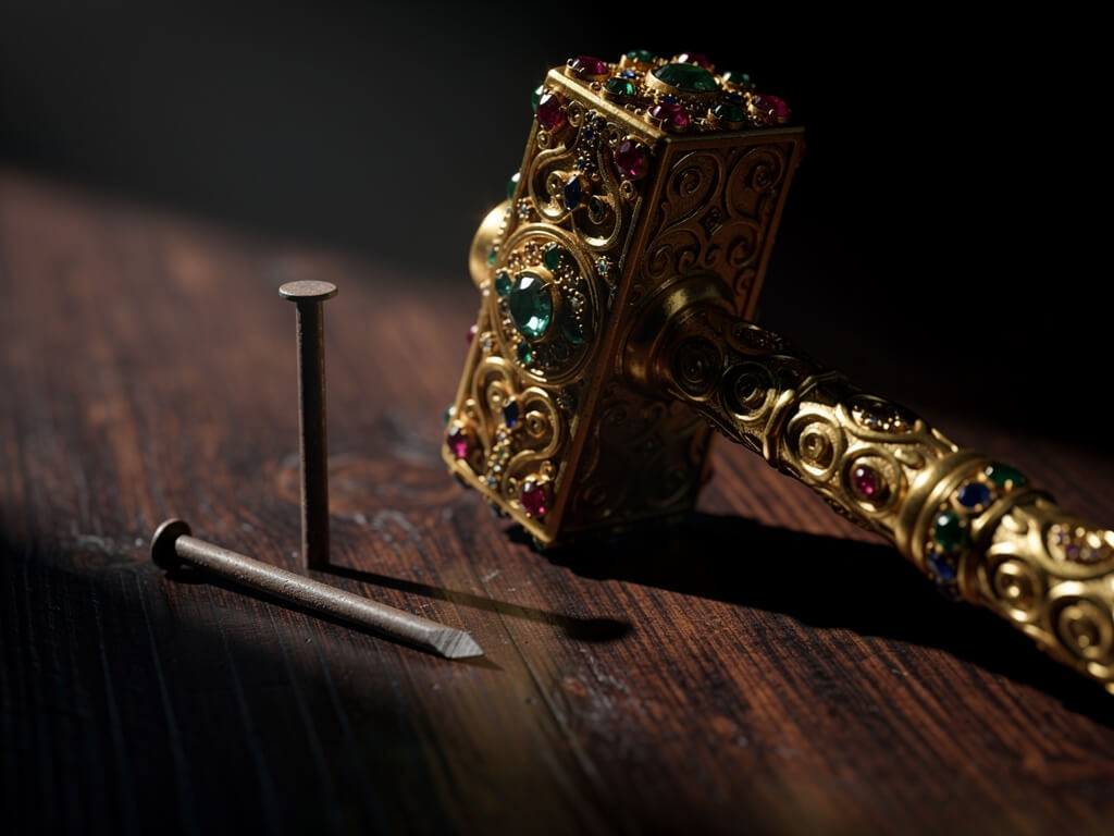 Ornate golden jewel-encrusted hammer resting next to a single tiny simple nail on a dark wooden surface, dramatic side lighting, shallow depth of field
