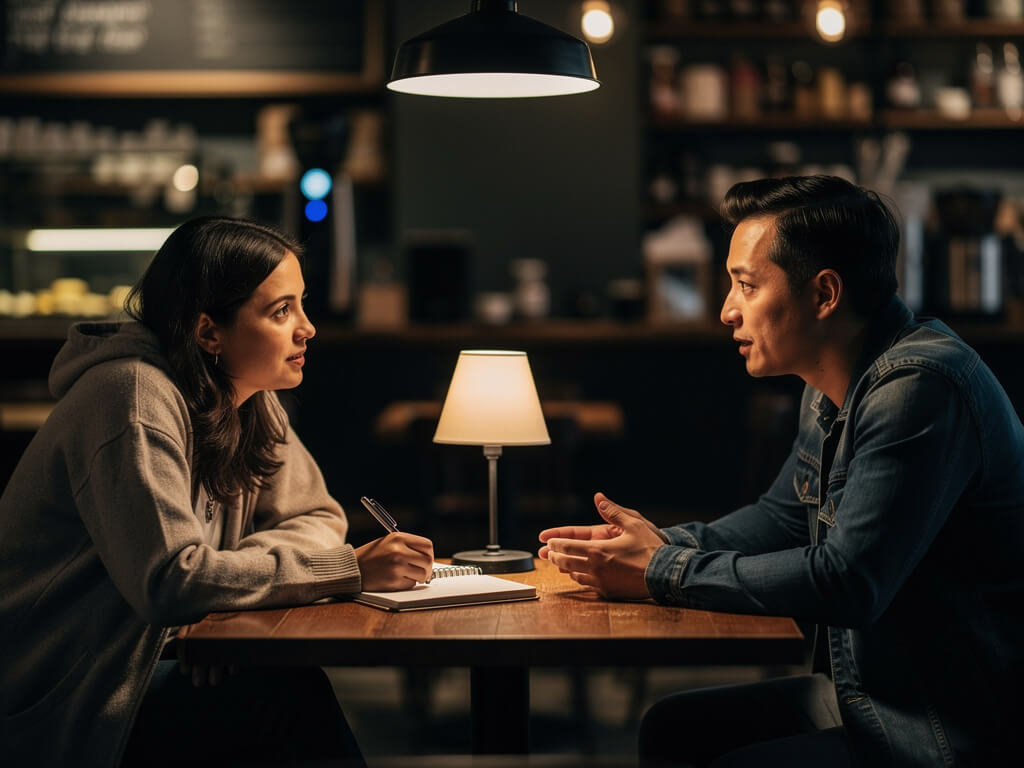 Two people sitting across a table in a quiet coffee shop, one listening intently with a notepad, genuine conversation, warm lighting, dark background, candid documentary style