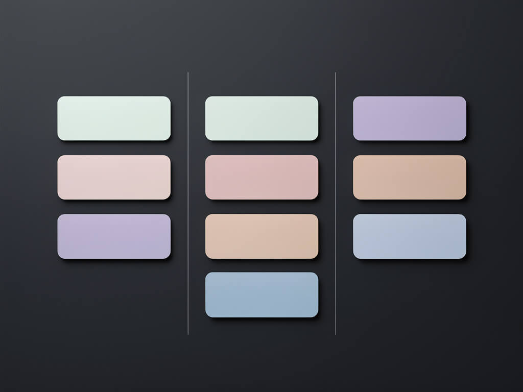 Clean minimal kanban board with three columns and five neatly placed cards, soft shadows, muted pastel tones, dark background, calm organized layout, top-down view, studio lighting