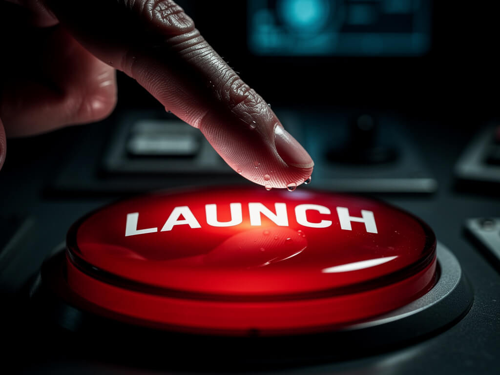 Finger hovering over a big red launch button trembling, dark dramatic close-up, launch anxiety