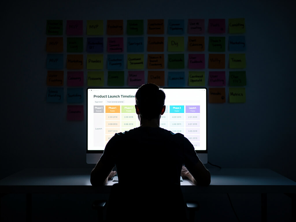 A focused founder at a dark desk with a single glowing screen showing a structured launch timeline, organized sticky notes on the wall, deliberate and calm atmosphere