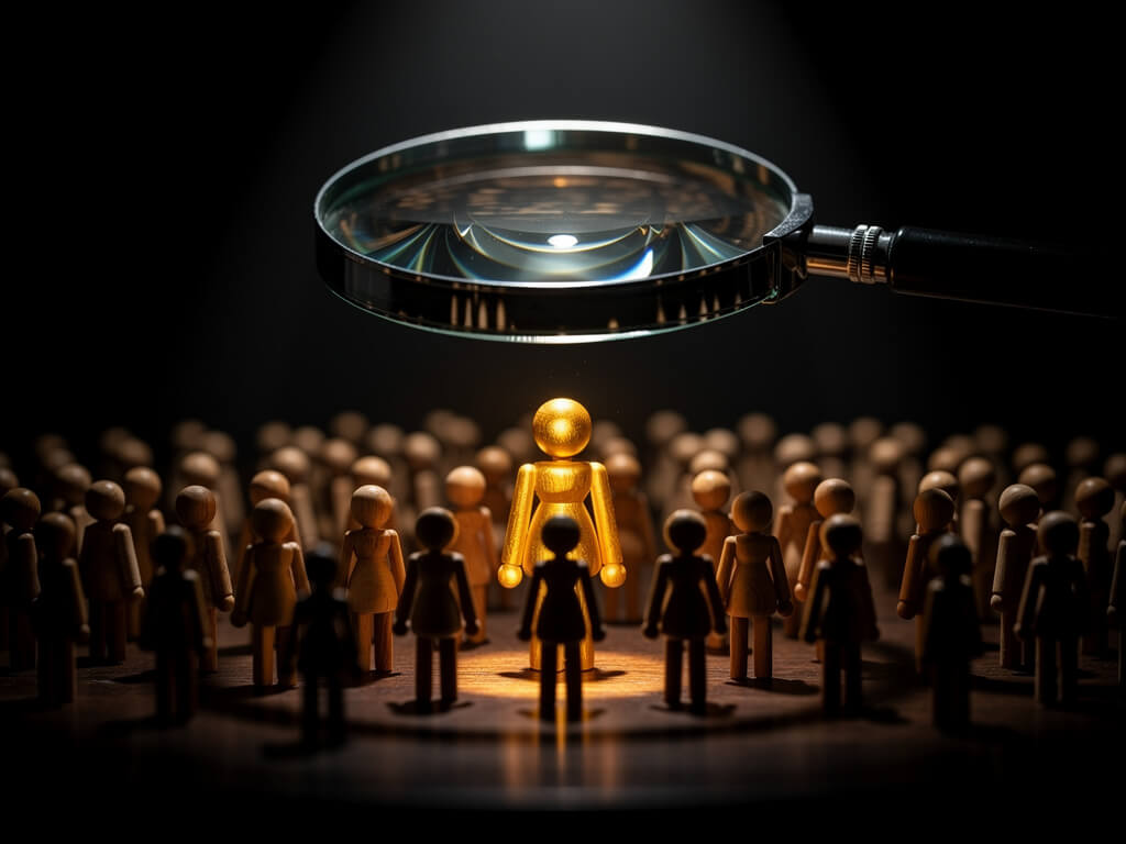 Large magnifying glass hovering over a crowd of small wooden figurines, one figurine glowing under the lens, dark background, dramatic spotlight, shallow depth of field
