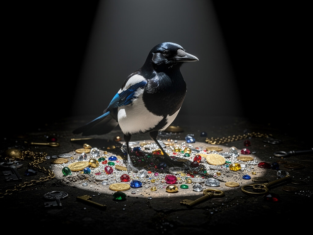 Magpie bird surrounded by scattered glittering jewels, coins, and metallic trinkets on a dark surface, some objects half-buried, dark moody atmosphere, dramatic spotlight from above