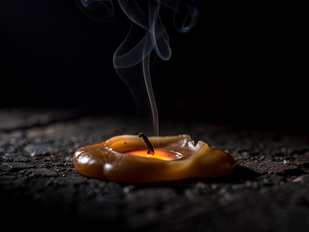 Candle melted down to a puddle of wax with a tiny dying ember barely visible, smoke trails rising, exhausted and depleted, dark background, moody low-key lighting