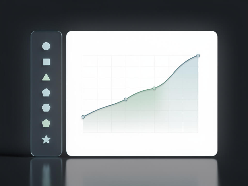 Zen-like minimal app UI mockup, single clean sidebar with 5 geometric icons, one spacious content area with a single graph, soft muted color palette, dark background, calm and airy layout, photorealistic UI design, studio lighting