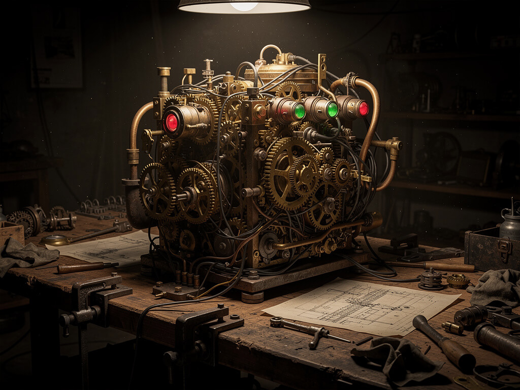 Overcomplicated machine covered in unnecessary gears and wires in a dark workshop, over-engineered and never leaving the workbench