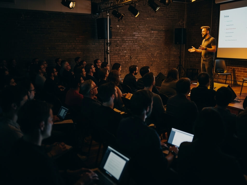 A packed small venue with engaged people leaning forward, a founder presenting on a lit stage, warm attention and anticipation in a dark room