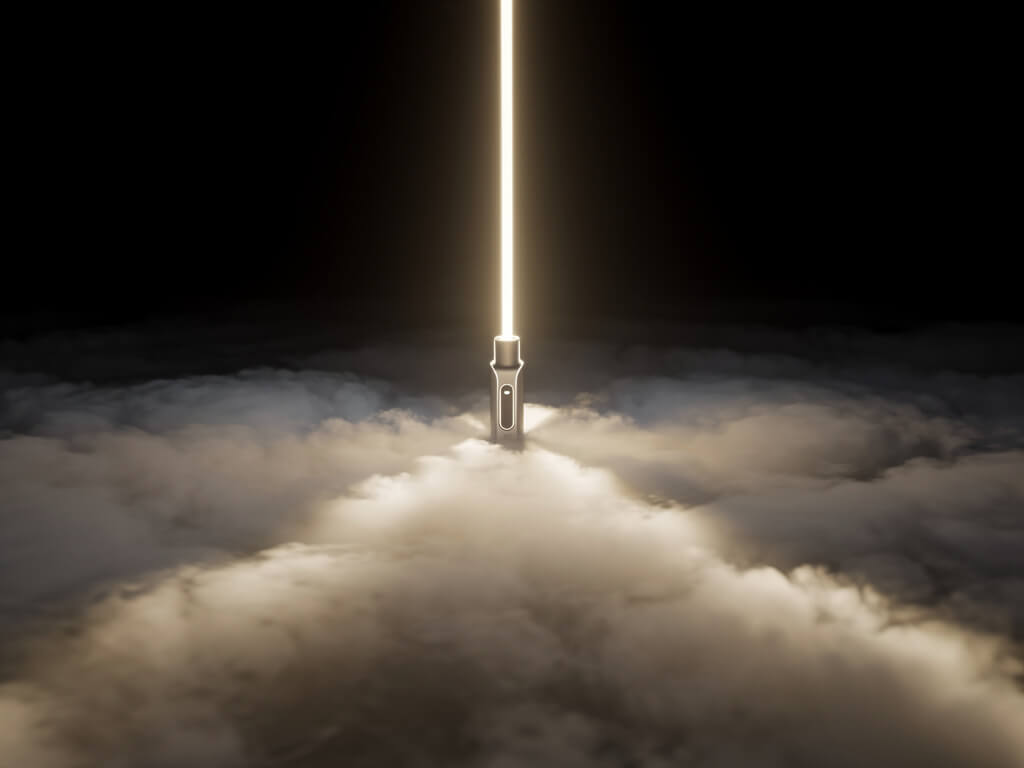 Single glowing beacon in a dark void, sharp focused light cutting through fog, product perfectly aligned with its market