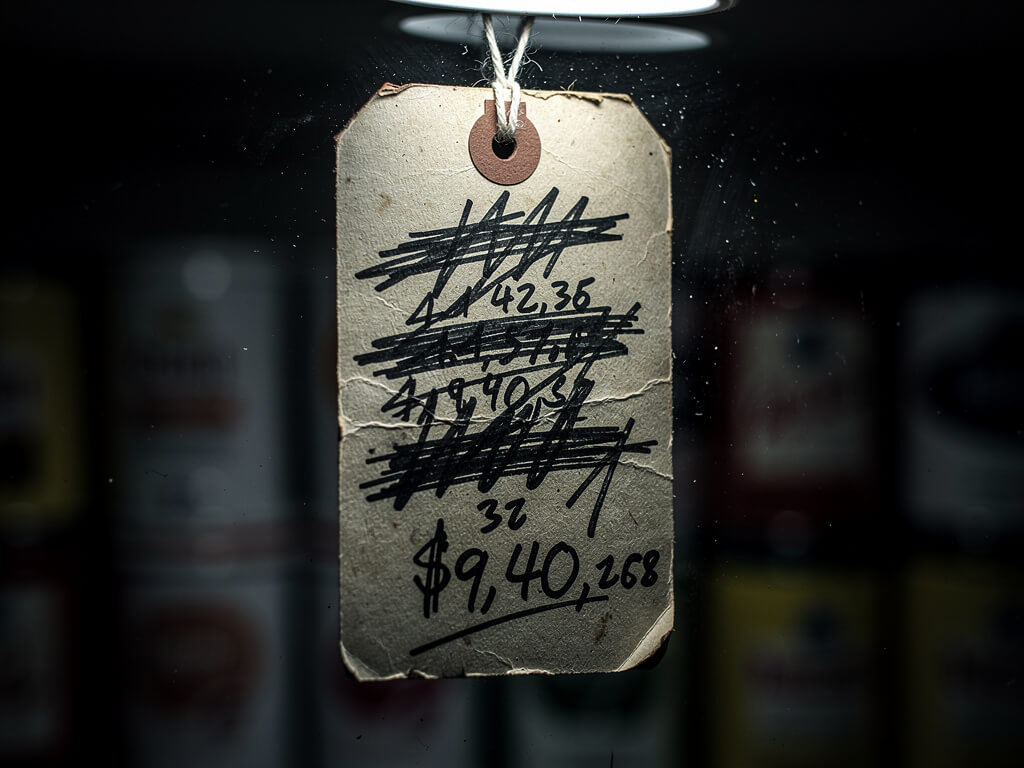 Price tag with the number scratched out multiple times, pricing indecision, dark dramatic lighting