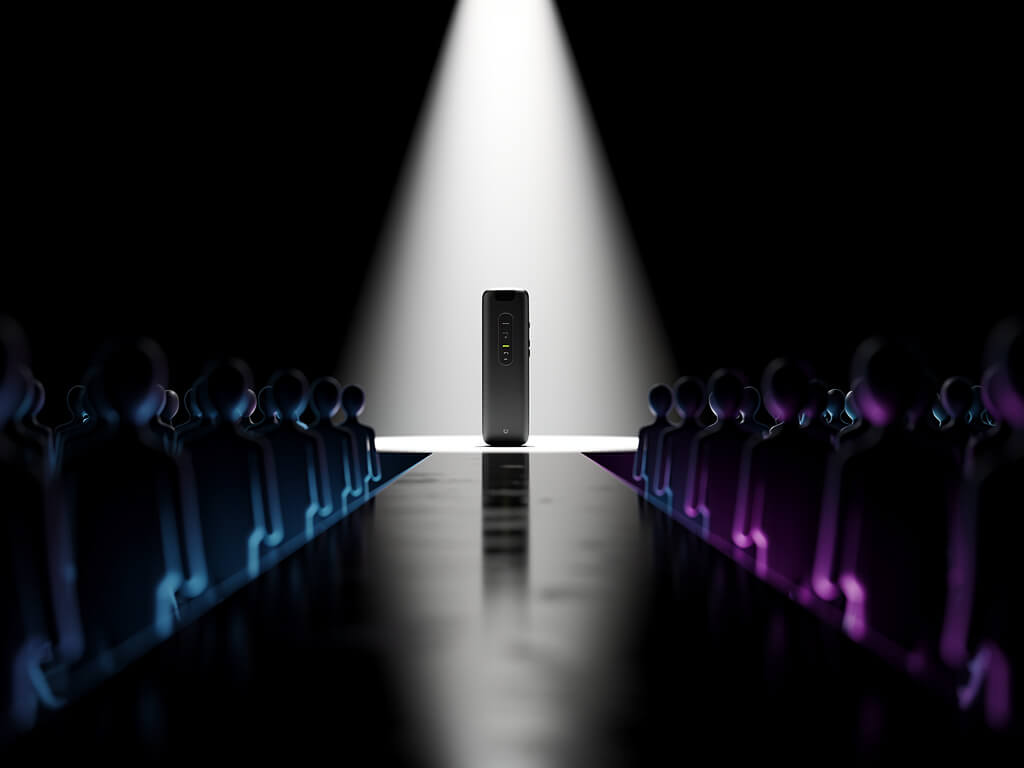 Focused spotlight illuminating a single product on a dark stage, clear path leading to it through glowing audience silhouettes