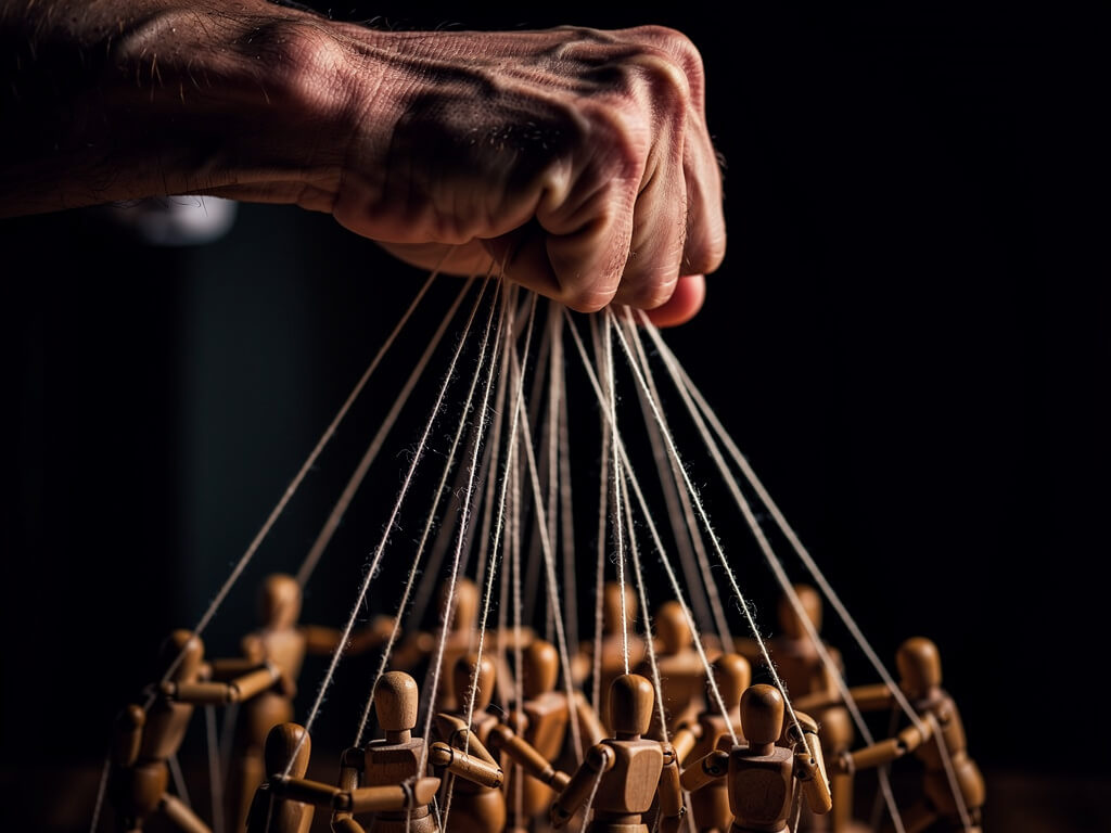 Single hand gripping dozens of tangled puppet strings controlling many small marionettes at once, dramatic side lighting from above, dark background, shallow depth of field