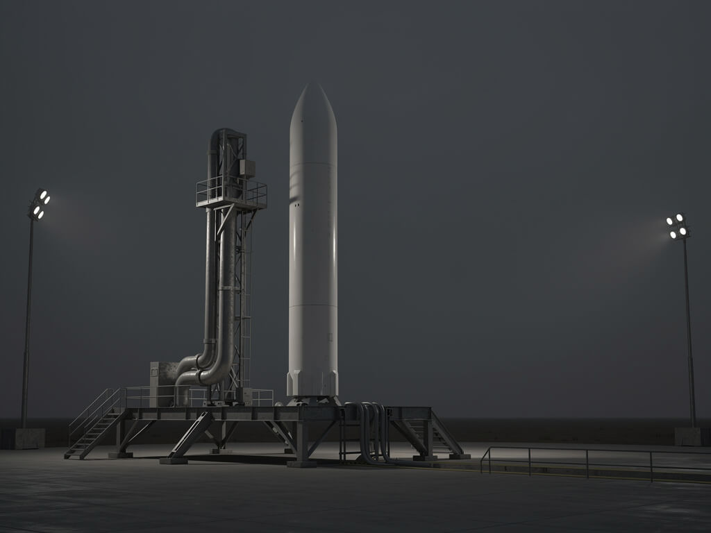 Clean minimal rocket on a launchpad under dark sky, ready to go, simple and unpolished but functional