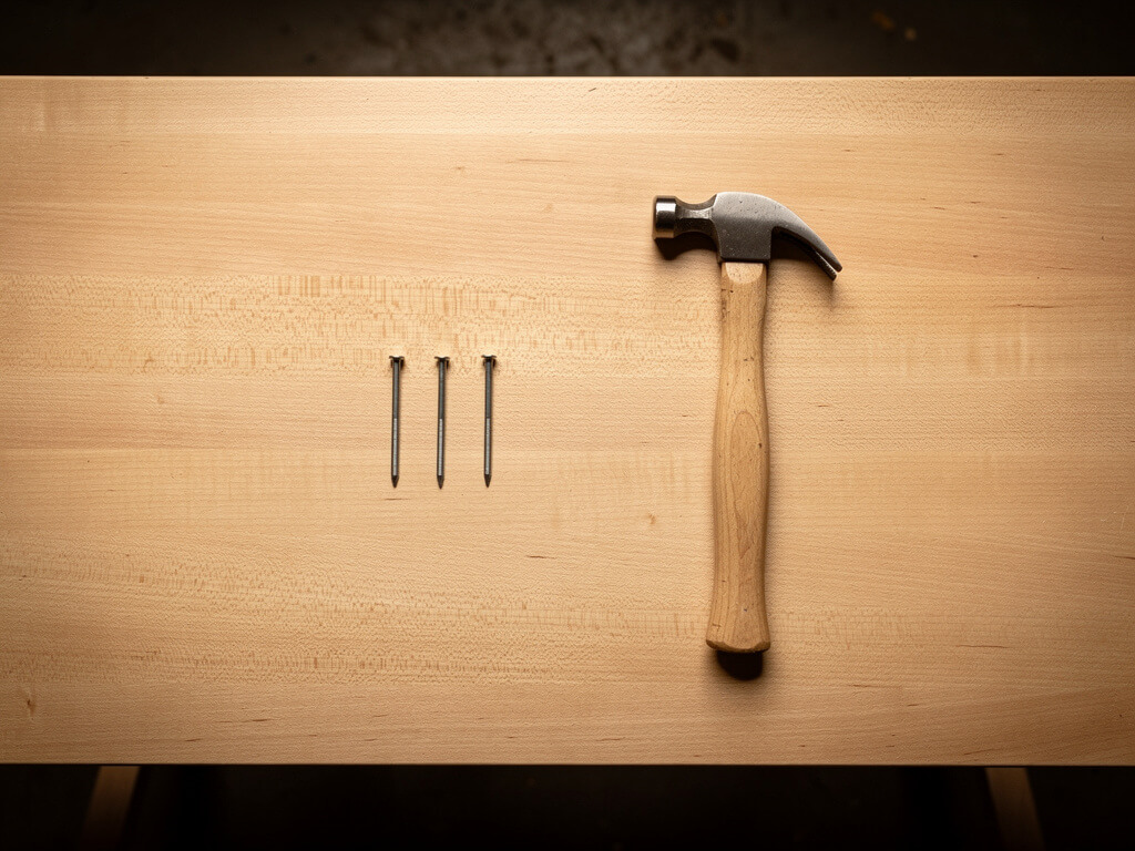 Simple wooden workbench with a single claw hammer and three nails, clean bare surface, warm workshop lighting, dark background, minimalist and functional, top-down view