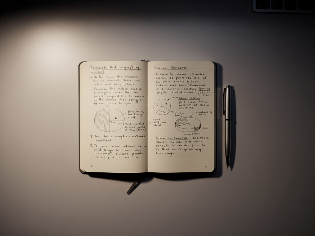 Single project on a clean desk, one notebook open to a detailed page, one pen, focused and committed, warm lighting, dark background, top-down view, minimalist composition