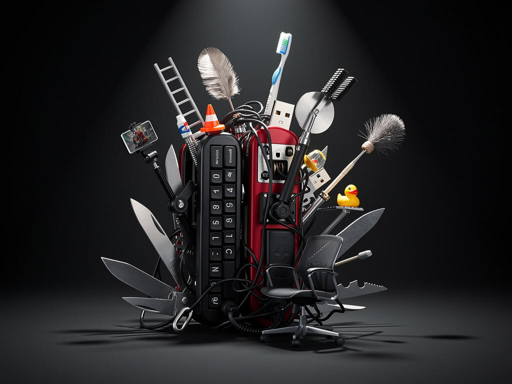 Overloaded Swiss army knife with too many absurd tools sticking out, dark background, feature bloat metaphor