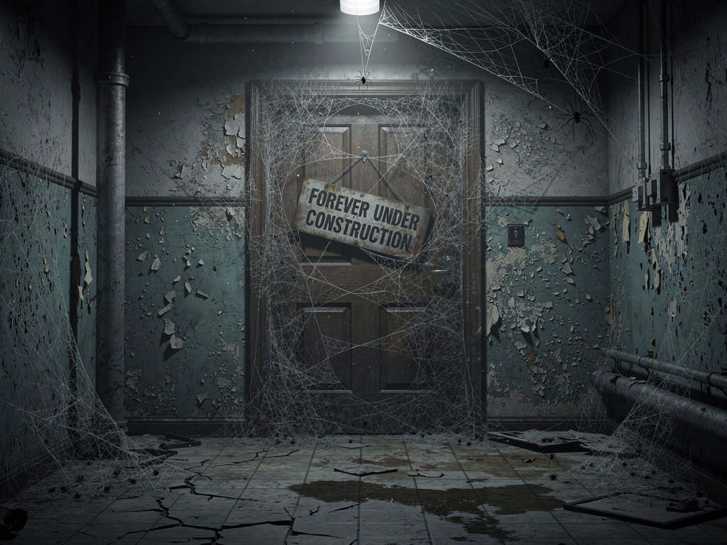 Door with a forever under construction sign covered in cobwebs, dark abandoned corridor