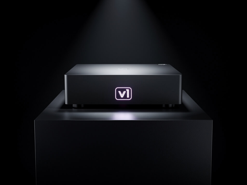 Clean finished product on a dark pedestal with a glowing v1 badge, confident and shipped, minimal spotlight